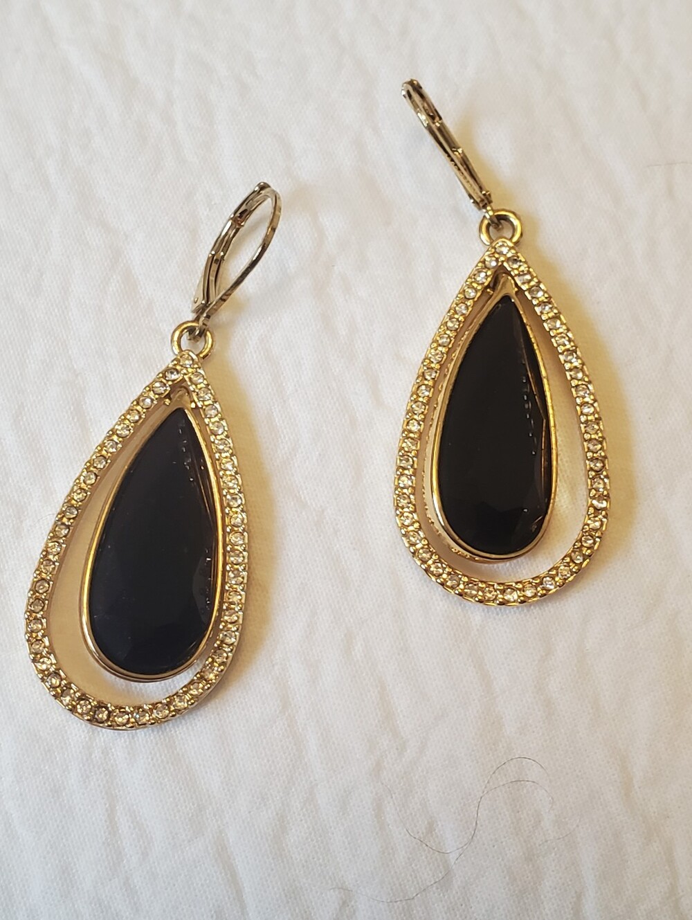 Black Teardrop Gold-tone Earrings with Rhinestone-accented Halo Frame